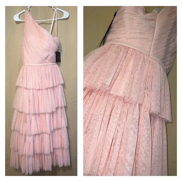 Mac Duggal Size 2 49672 NWT Pink Polka Dot One Shoulder Ruffle Midi Sample Dress - Picture 1 of 6